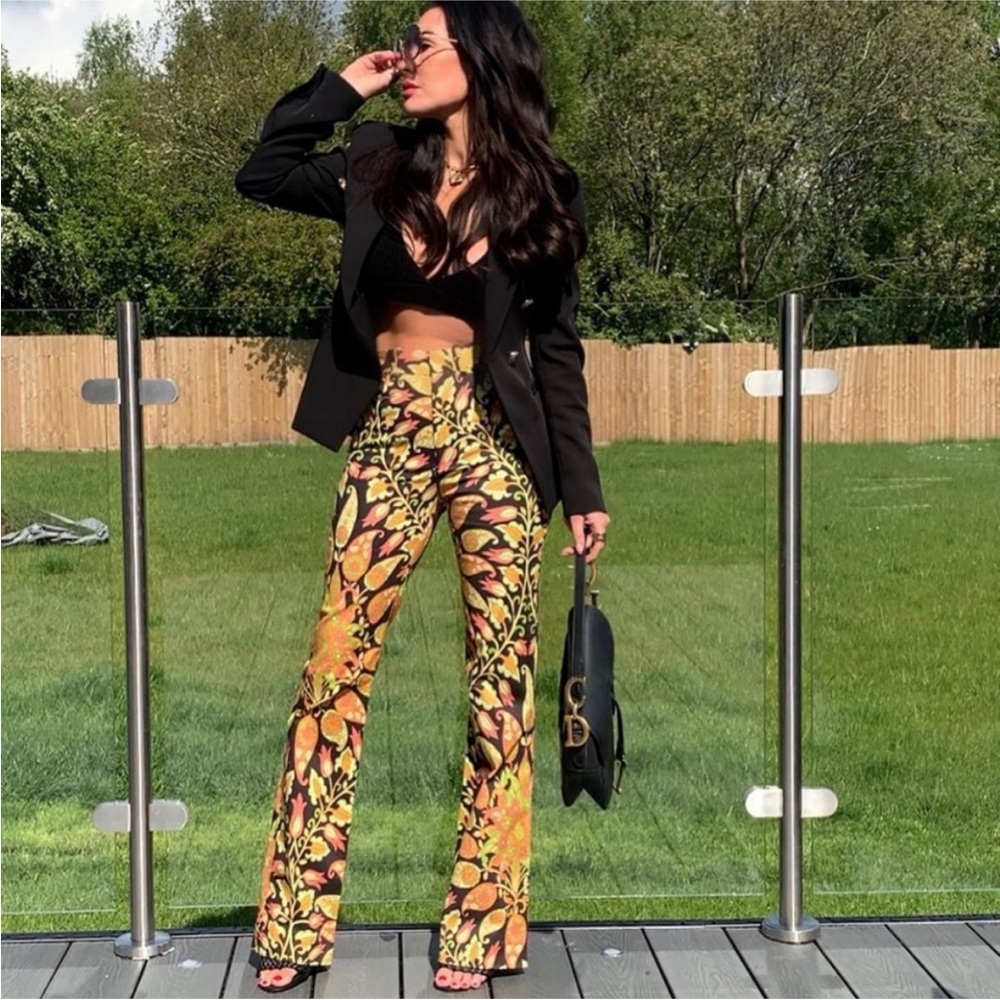 Zara Printed Flared Cotton Blend Trousers Pants sz.XS